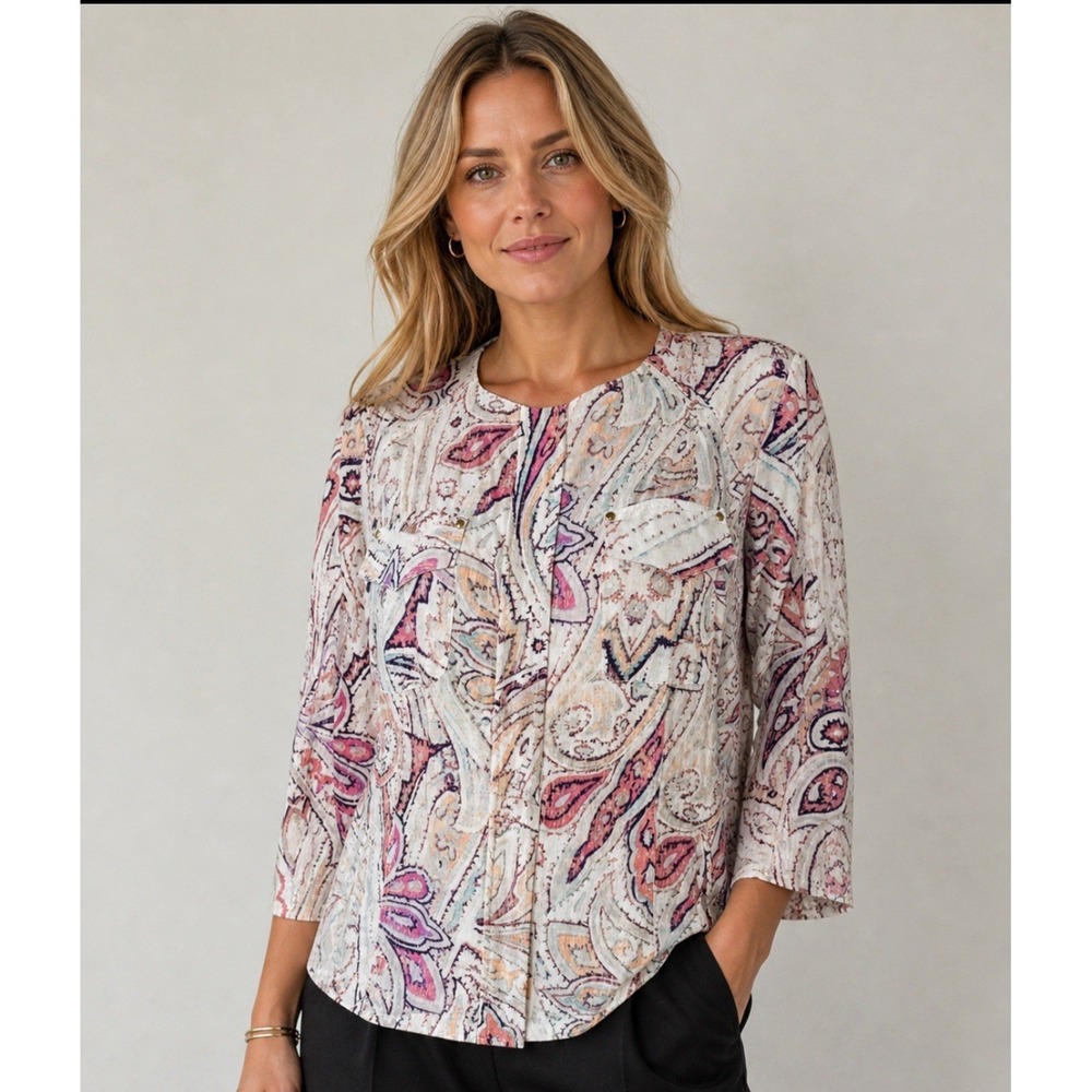 Chicos 2 Large 12-14 Pink Paisley Floral 100% Linen Zipper Front Pocket Jacket